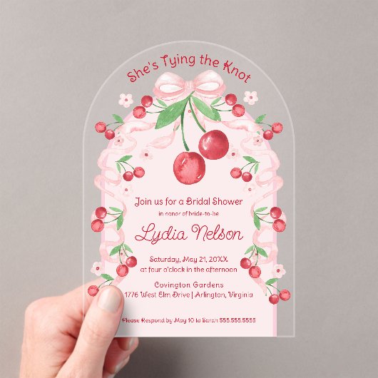 結び目コケットさくらんぼブライダル アクリル招待状 (インサイチュ (ポータブル))