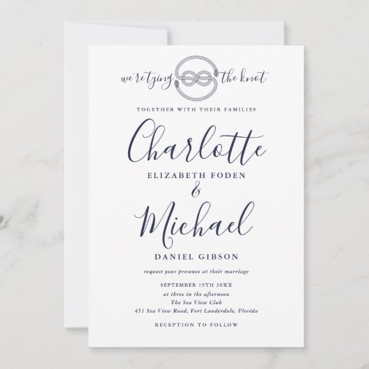 結び目ネイビーブルースクリプト写真航海の結婚の 招待状 (正面)