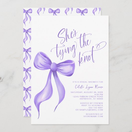 結び目パープルボウブライダルシャワー 招待状 (正面/裏面)
