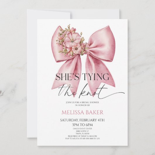 結び目ピンクのフローラ弓ブライダルシャワー 招待状 (正面)