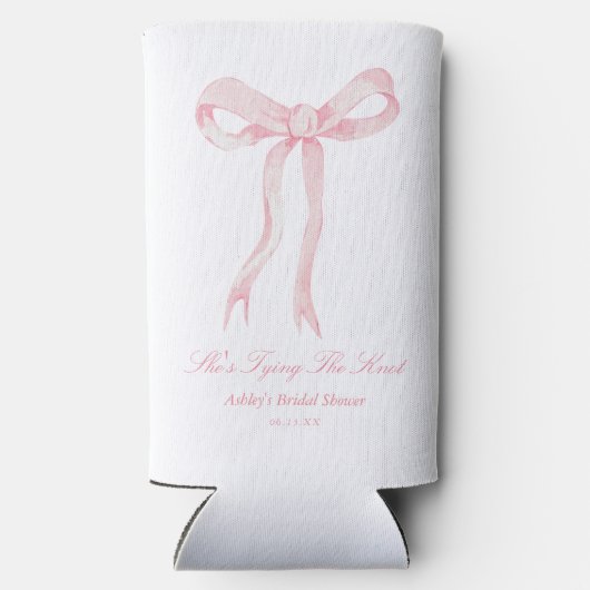 結び目ピンクの弓のブライダルシャワー スリム缶クーラー (裏面)