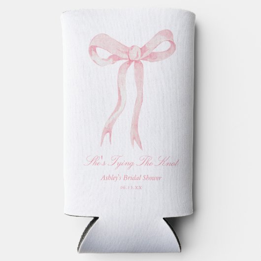 結び目ピンクの弓のブライダルシャワー スリム缶クーラー (正面)