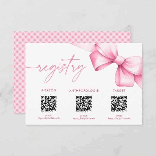 結び目ピンクの弓シャワーレジストリ エンクロージャーカード (正面/裏面)