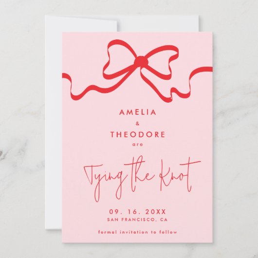 結び目ピンクの赤い弓の日付を保存結婚する 招待状 (正面)
