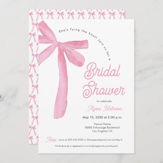結び目ピンクボウテーマブライダルシャワー 招待状 (正面/裏面)