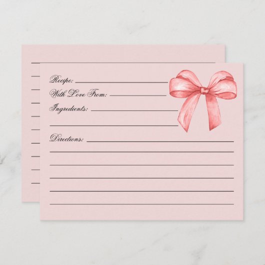 結び目ピンクボウブライダルシャワーレシピ エンクロージャーカード (正面/裏面)