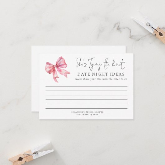 結び目ピンクボウ日付夜アイディア カード (正面/裏面インサイチュ)