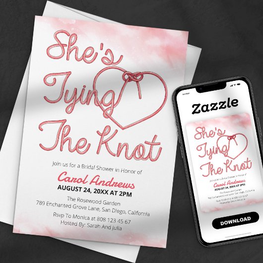 結び目ピンクロープハートブライダルシャワー 招待状