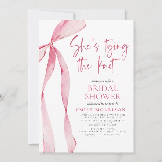 結び目フォトピンクボウブライダルシャワー 招待状 (正面)