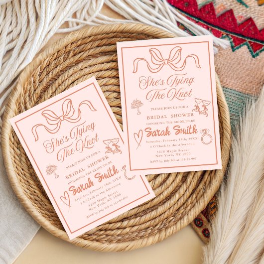 結び目レトロピーチお洒落ブライダル 招待状