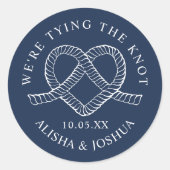 結び目ロープハート航海のネイビー&ホワイト ラウンドシール (正面)