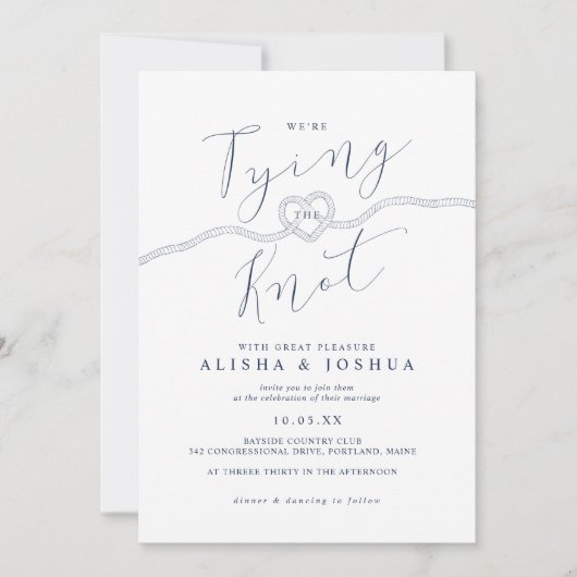 結び目ロープハート航海のネイビー&ホワイト 招待状 (正面)