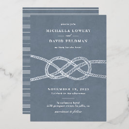 結び目図解入りの、写真付きの結婚式招待状 – ブルーグレー 箔招待状