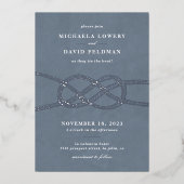 結び目図解入りの、写真付きの結婚式招待状 – ブルーグレー 箔招待状 (正面)