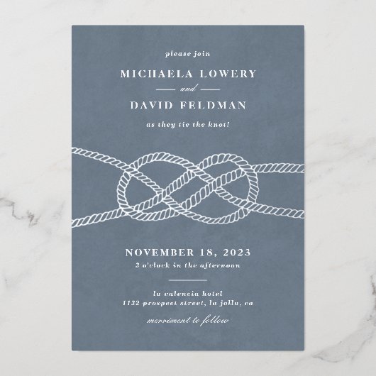 結び目図解入りの、写真付きの結婚式招待状 – ブルーグレー 箔招待状 (正面)