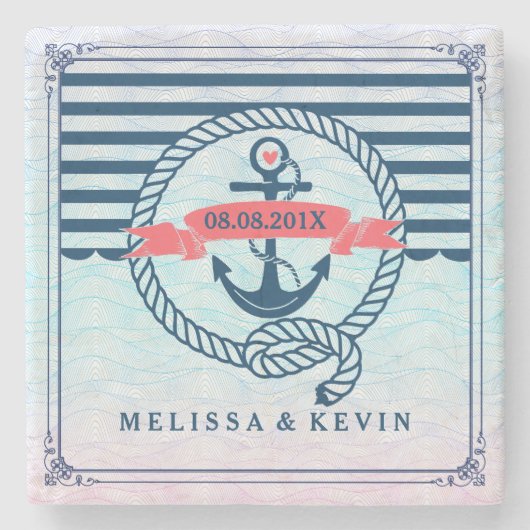 結び目航海の付きネイビーブルーボートいかり ストーンコースター (正面)