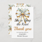 結び目金ゴールドホワイトボウフローラブライダルシャワー サンキューカード (正面/裏面)