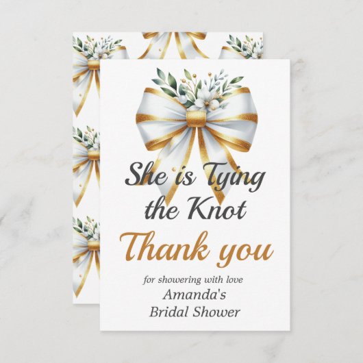 結び目金ゴールドホワイトボウフローラブライダルシャワー サンキューカード (正面/裏面)