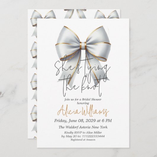 結び目金ゴールド白弓ブライダルシャワー 招待状 (正面/裏面)
