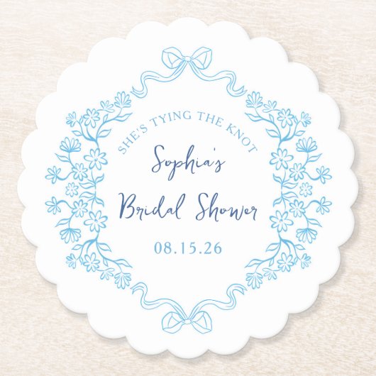 "結び目"何かブルーボウブライダルシャワー ペーパーコースター (正面)