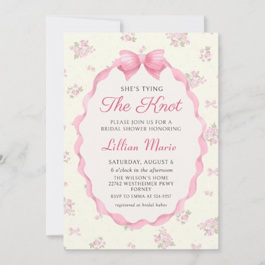結び結ぶピンクの弓ブライダルシャワーの招待状 招待状 (正面)