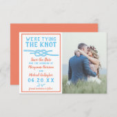 結び結婚目ビーチフォトアクアブルーコーラル セーブザデート (正面/裏面)