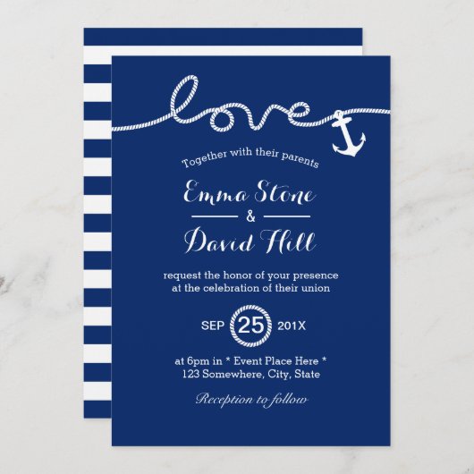 結び航海の目いかりネイビーブルー結婚ズ 招待状 (正面/裏面)