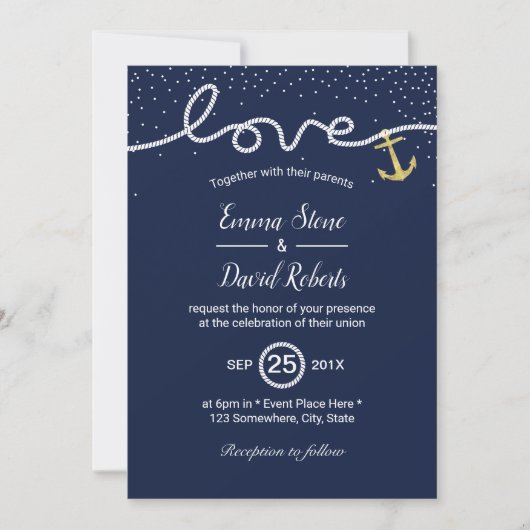 結び航海の目の結び結婚付けいかりネイビーブルー 招待状 (正面)