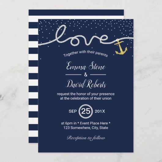 結び航海の目の結び結婚付けいかりネイビーブルー 招待状 (正面/裏面)