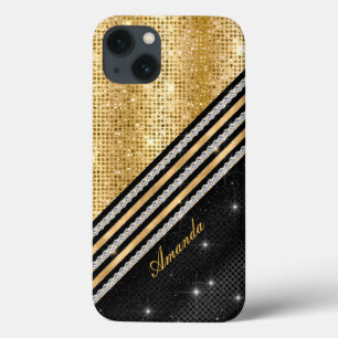 結スタイリッシュフェイク晶金ゴールド及び黒パーソナライズされたC iPhone 13ケース