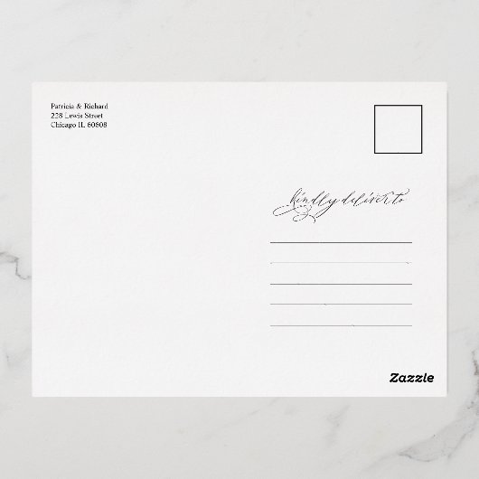 結モダンスタイリッシュ婚の日付を非写真で保存 箔シーズンポストカード (裏面)