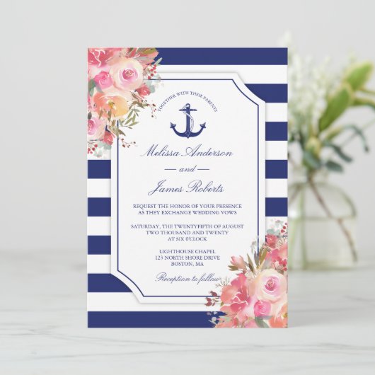 結婚いかり航海のフローラバラブルーストライプ 招待状 (スタンド正面)
