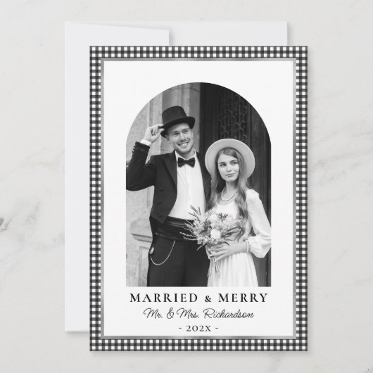 結婚おめでとう アーチフォト 黒白チェック シーズンカード (正面)