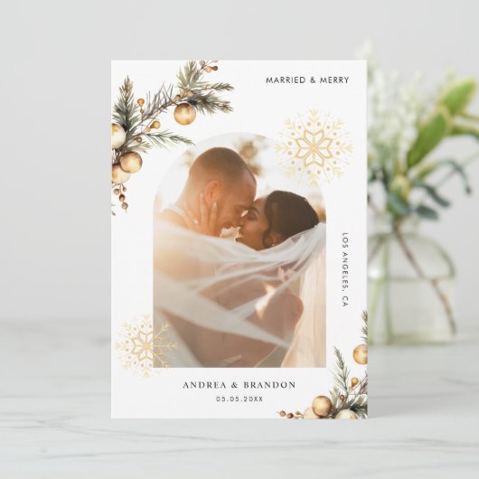 結婚おめでとう ゴールドスノーフレーク クリスマス 2枚 写真入り (スタンド正面)