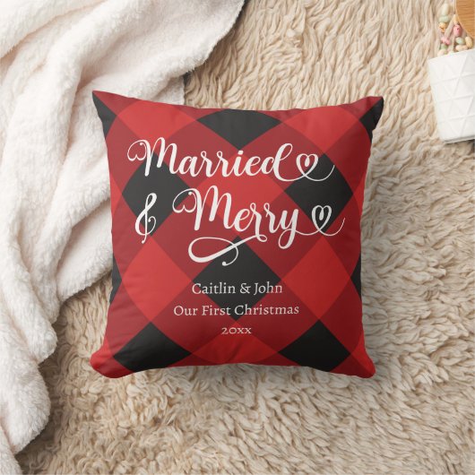 結婚おめでとう 私たちの初めてのクリスマス 新婚 赤い格子柄 クッション (ブランケット)