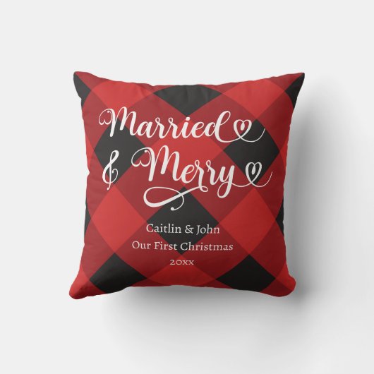 結婚おめでとう 私たちの初めてのクリスマス 新婚 赤い格子柄 クッション (裏面)