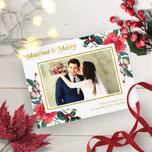 結婚おめでとう 赤い花のクリスマスフォト ポストカード