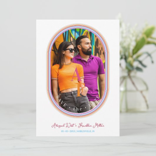 結婚おもしろいモダンの数々の卵形ミニマリスト セーブザデート (スタンド正面)