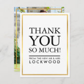 結婚さんのフォトシンプル金ゴールド縁どスタック サンキューカード (正面/裏面)