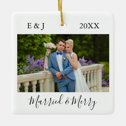 結婚したおよびメリーカップル写真 セラミックオーナメント (正面)