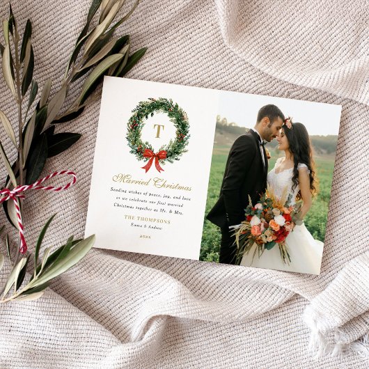 結婚したてのクリスマス リース モノグラム 写真入り シーズンカード