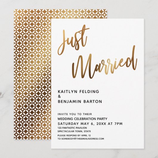 結婚したてのタイポグラフィー ゴールド ウェディング レセプション 招待状 (正面/裏面)