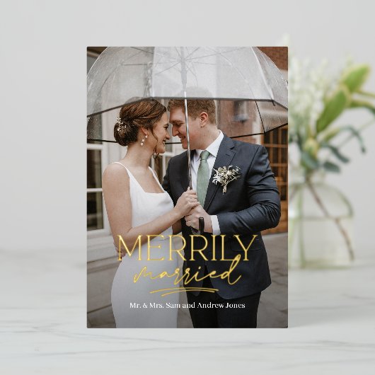 結婚したての夫婦のためのホリデーカード 結婚おめでとう フォイル加工 箔シーズンカード (立ち正面)