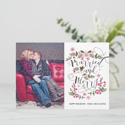 結婚したで及びメリーな写真のクリスマスカード-新婚者 シーズンカード (スタンド正面)