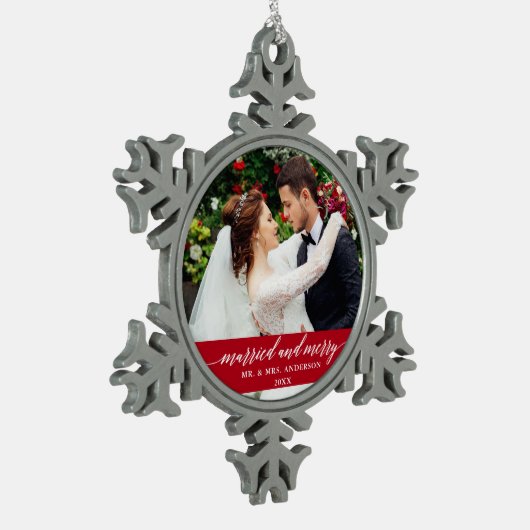結婚したとメリーの書道の赤 スノーフレークピューターオーナメント (左)