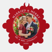 結婚したとメリーの結婚写真の赤 オーナメントカード (正面)