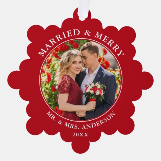 結婚したとメリーの結婚写真の赤 オーナメントカード (正面)