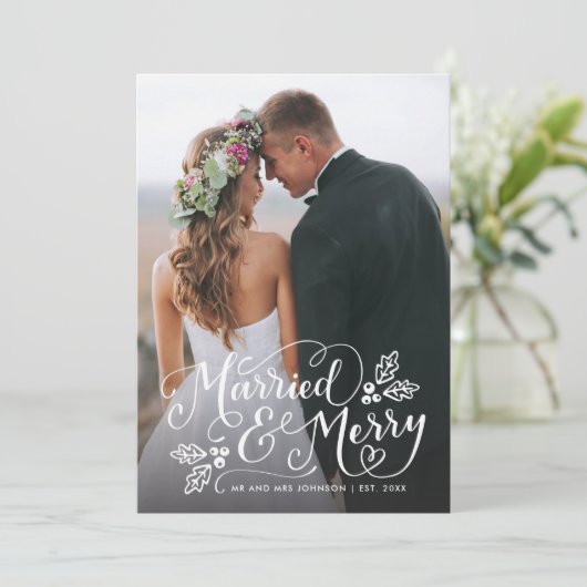 結婚したとメリータイポグラフィホリデー写真感謝してい シーズンカード (スタンド正面)