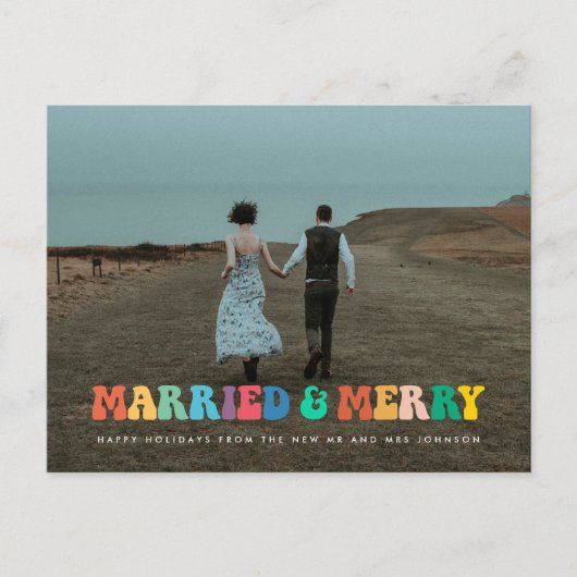 結婚したとメリーレトロ60sヒッピーおもしろいクリスマス ポストカード (正面)