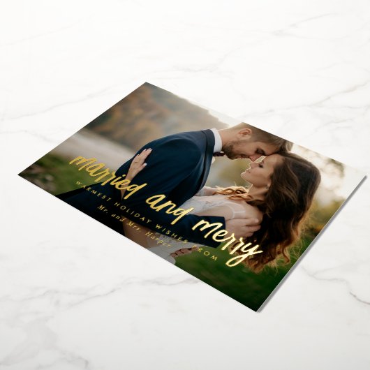 結婚したと新メリー婚クリスマス写真 箔シーズンカード (回転した状態)